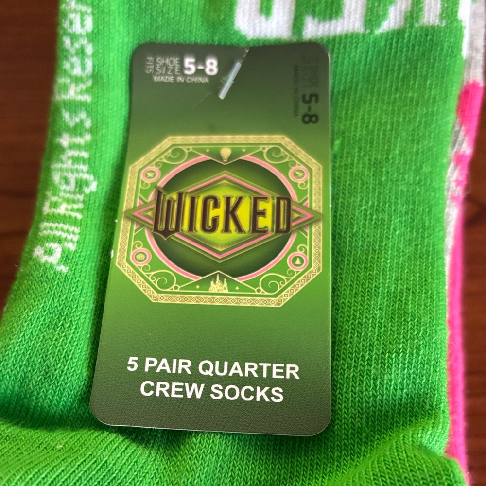 Wicked the Musical Pink, Green and Gray Graphic Socks set of 5 - Picture 2 of 5